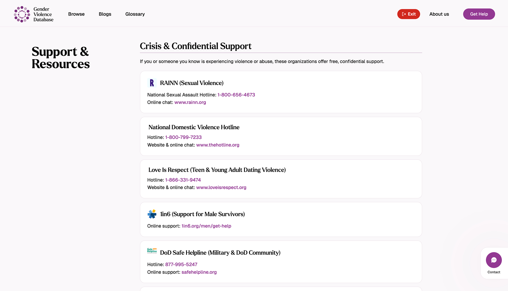 Redesigned Gender Violence Database support and resources page